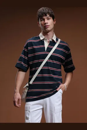 Highlander Men Striped Polo Collar Oversized T-shirt