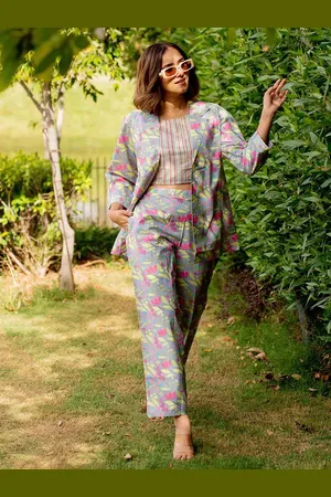 Kalini Floral Printed Lapelled Collar Pure Cotton Top With Trousers & Jacket