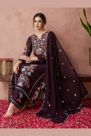 RAJGRANTH Floral Embroidered Pure Georgette Straight Kurta with Palazzos & Dupatta