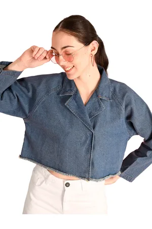IVOC Women Solid Washed Lapel Collar Crop Pure Cotton Denim Jacket