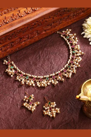 Priyaasi Gold-Plated Floral Simple Pearls & Ruby Stone-Studded Beaded Jewellery Set