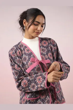 Jaipur Women Collarless Floral Printed Cotton Ethnic Lightweight Tailored Jacket