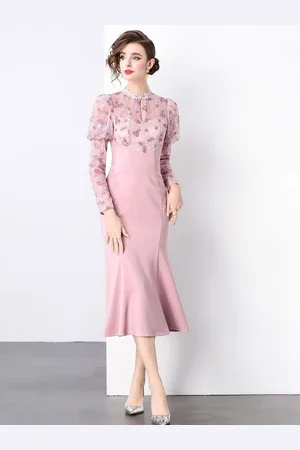 JC Collection Women Puff Sleeve Lace A-line Midi Dress