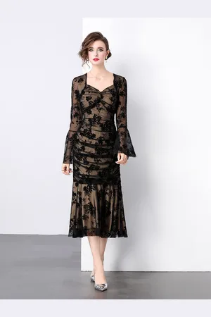 JC Collection Women Print Bell Sleeve A-Line Midi Dress