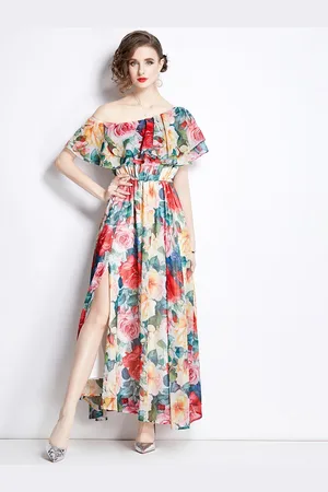 JC Collection Women Floral Printed Flared Sleeve Maxi Dress