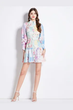 JC Collection Women Floral Printed Cuffed Sleeves Fit & Flare Mini Dress With Belt