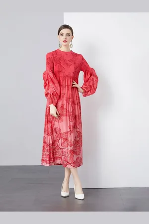 JC Collection Women Print Puff Sleeve Fit & Flare Midi Dress