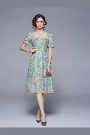 JC Collection Women Floral Printed Square Neck A-Line Midi Dress