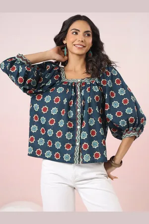 Jaipur Women Square Neck Puff Sleeve Pure Cotton Top