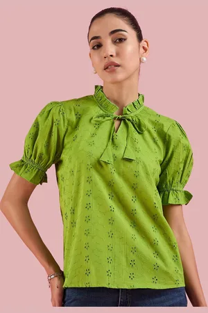Deewa Women Self Design Schiffli Tie-Up Neck Pure Cotton Top
