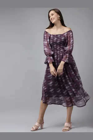 Roadster The Lifestyle Co Tie and Dye Puff Sleeves Smocked Fit and Flare Midi Dress