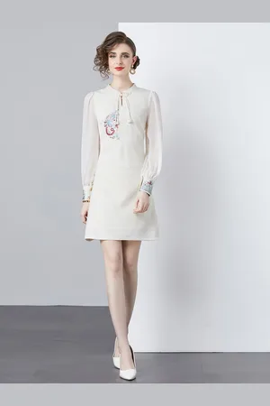 JC Collection Women Tie-Up Neck Puff Sleeve A-Line Dress