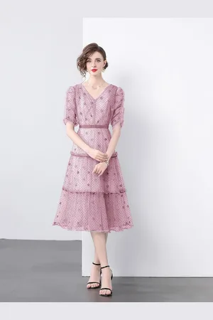 JC Collection Women Puff Sleeve Fit & Flare Tiered Midi Dress