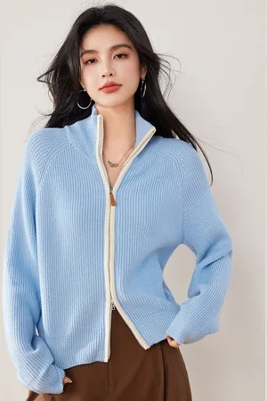 JC Collection Women Ribbed Round Neck Long Sleeves Crop Cardigan