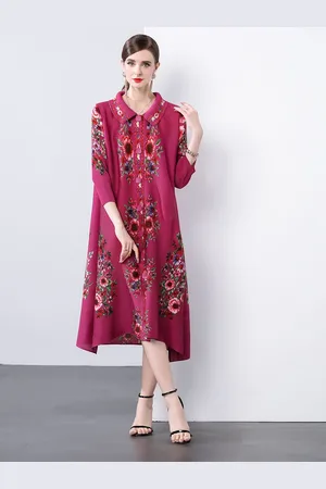 JC Collection Women Floral Printed Shirt Collar A-Line Midi Dress