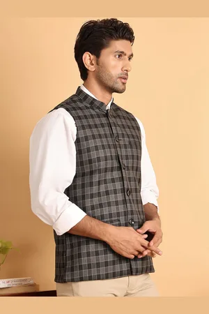 Jompers Men Checked Pure Cotton Woven Nehru Jacket