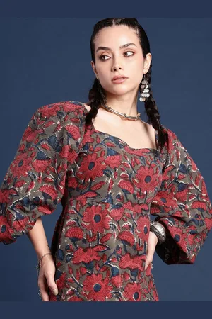 Taavi Indie-Floral Print Puff Sleeves Cut-Out Detail A-line Bagru Ethnic Dress