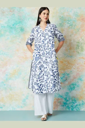 Lifestyle Floral Printed Notched Lapel Collar Cotton Straight Kurta