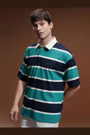 Highlander Men Striped Polo Collar Oversized T-shirt