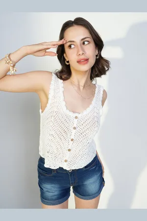 SHOWOFF Women Self Design Semi Sheer Crochet Crop Top