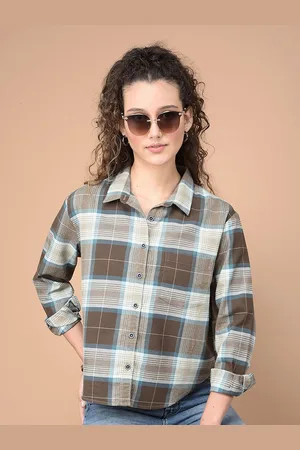 Crimsoune Club Women Classic Boxy Fit Spread Collar Tartan Checked Cotton Casual Shirt