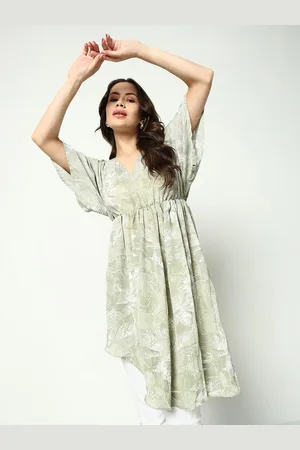 SHOWOFF Women Green & White Tropical Chiffon Empire Dress