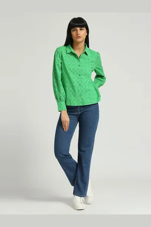 Pepe Jeans Spread Collar Long Puff Sleeves Comfort Regular Fit Schiffli Shirts