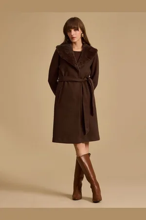 Kazo Women Single Breasted Overcoat With Fur Collar & Belt