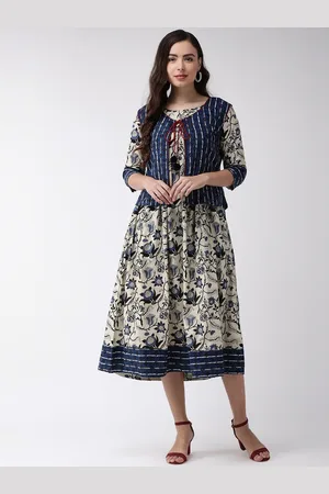 all about you Beige & Navy Blue Floral Printed Round Neck A-Line Midi Dress