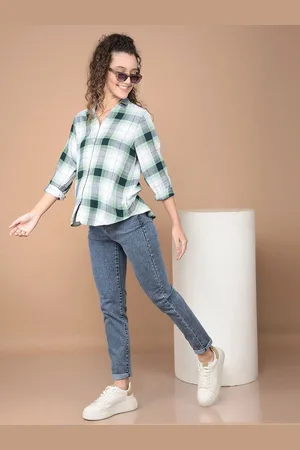 Crimsoune Club Women Classic Slim Fit Spread Collar Tartan Checked Cotton Casual Shirt