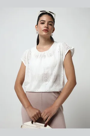 SHOWOFF Women Self Design Cap Sleeve Schiffli Top