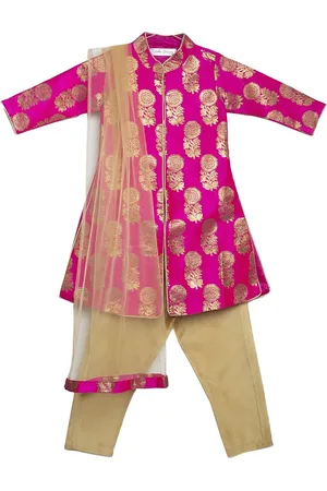 SAKA DESIGNS Girls Fuchsia Ethnic Motifs Angrakha Kurta with Trousers & With Dupatta