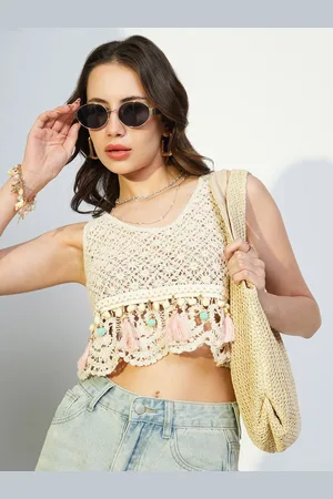 SHOWOFF Women Self Design Round Neck Sleeveless Crochet Crop Top