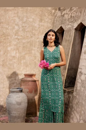 Global Desi Ethnic Motifs Printed V-Neck Straight Kurta with Palazzo
