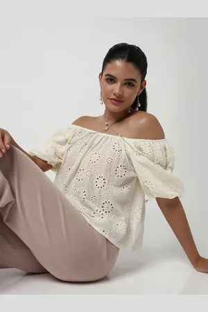 SHOWOFF Women Self Design Off-Shoulder Puff Sleeve Schiffli Crop Top
