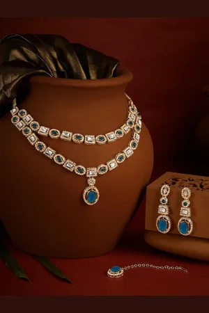 Ami Gold-Plated Austrian Diamonds-Studded Layered Necklace and Earrings With Maang Tika