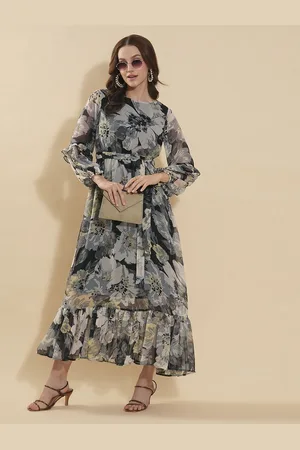 DressBerry Women Floral Printed Belted Tiered Maxi Dress