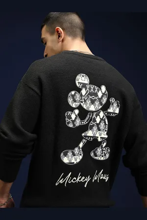 Highlander Disney Men Mickey Mouse Jet Black Round Neck Self Design Sweater