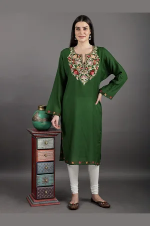 Exotic India Notched Neck Long Flared Sleeves Floral Embroidered Straight Kurta