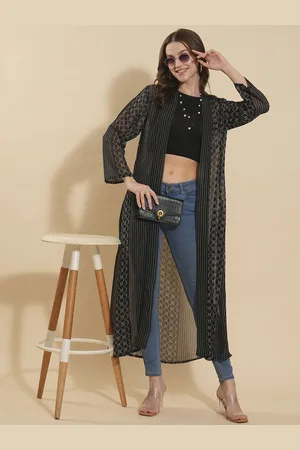 DressBerry Black Geometric Printed Longline Open Front Shrug