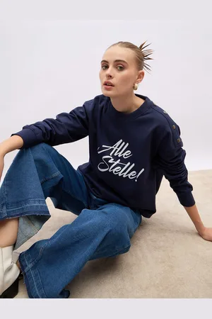 Styli Women Oversize Fit Regular Length Slogan Shoulder Button Sweatshirt
