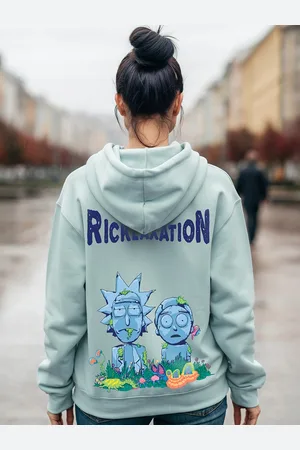 Bewakoof Grey Rick & Morty Printed Hooded Drop-Shoulder Sleeves Oversized Sweatshirt
