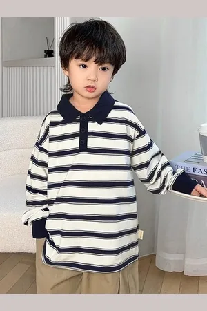 LULU & SKY Boys Striped Polo Collar Cotton Relaxed Fit T-shirt