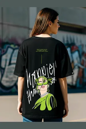 Bewakoof Women Black Typography Print Pure Cotton Oversized T-shirt