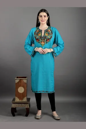 Exotic India Notched Neck Long Flared Sleeves Floral Embroidered Straight Kurta
