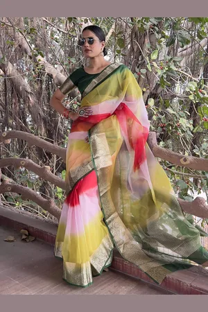 DIVASTRI Tie and Dye Zari Organza Holi Saree