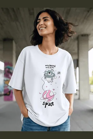 Bewakoof Women White Printed Drop-Shoulder Sleeves Oversized Cotton T-shirt