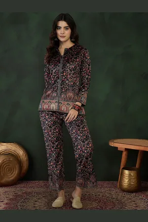 Sangria Self Design Velvet Winter Top & Trouser Co-Ord Set