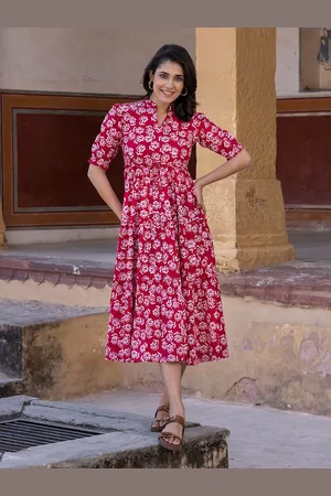Roadster The Lifestyle Co Floral Printed Pure Cotton Puff Sleeves Fit & Flare Dress