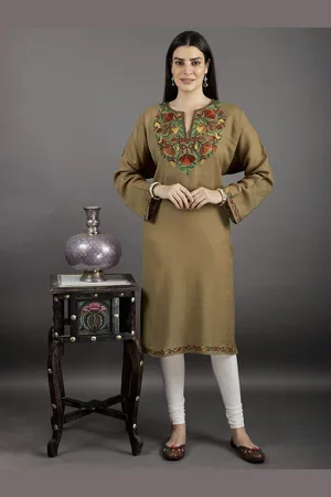 Exotic India Notched Neck Long Flared Sleeves Floral Embroidered Straight Kurta